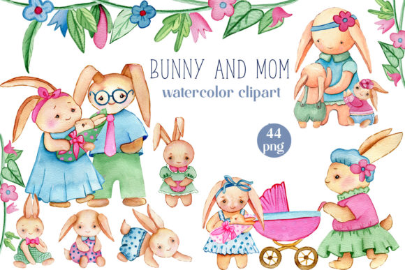 Download Bunny and Mom Watercolor Clipart Set - Mom watercolor clipart Collection