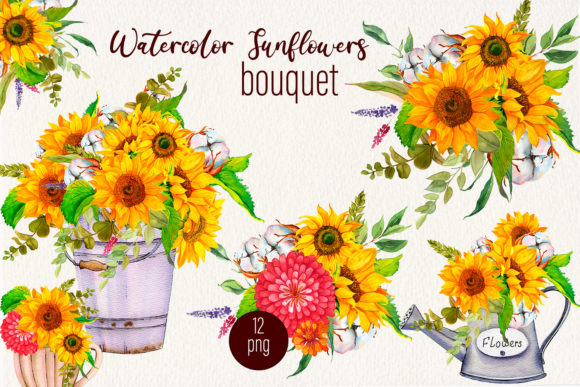 Download Sunflower and Cotton Watercolor Bouquet - Premium Resources